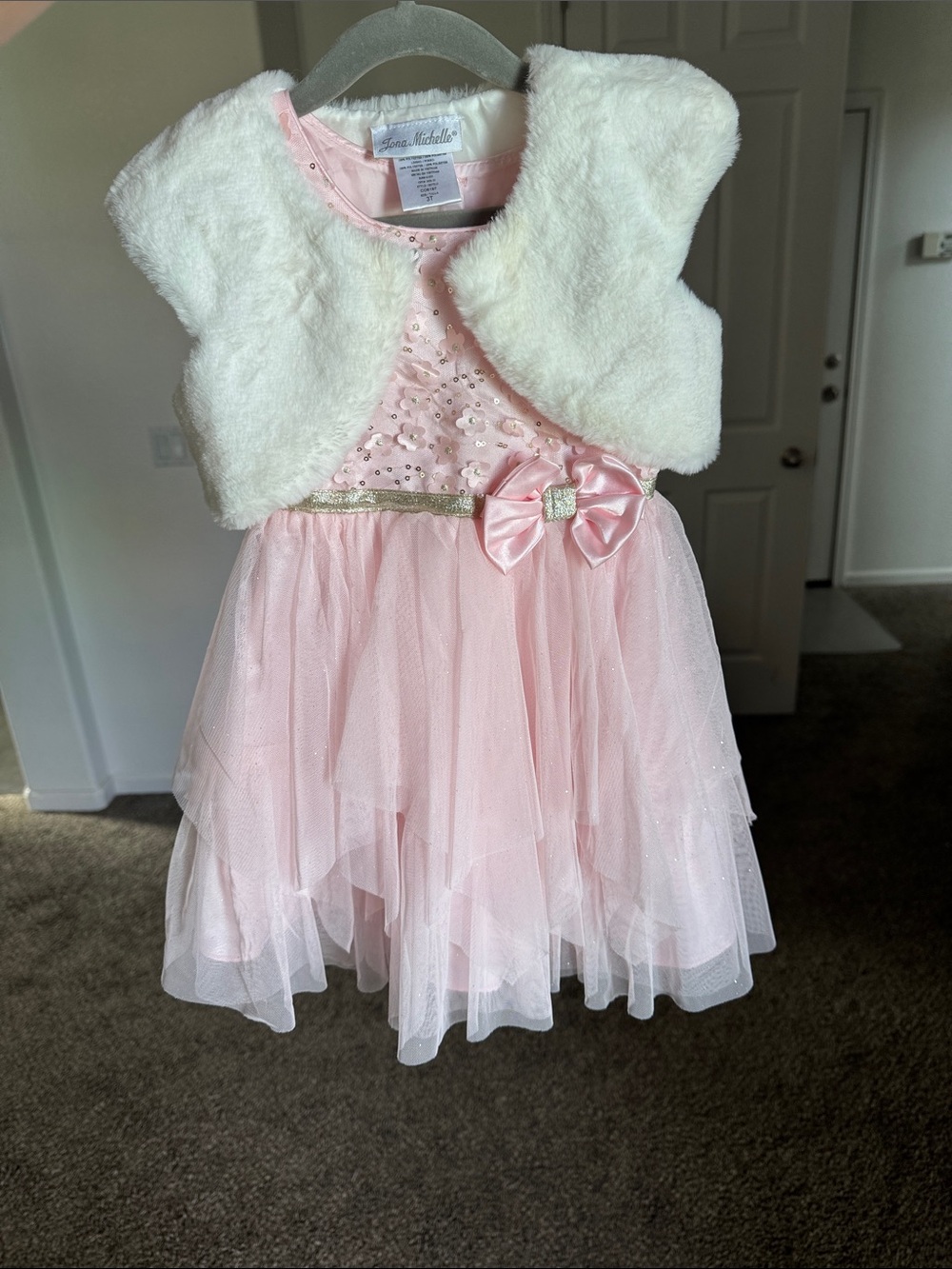 Jona Michelle Pink Tulle Dress with White Faux Fur Bolero